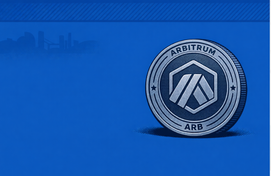 A stylized ARB token coin is displayed against a blue background with a faint city skyline, featuring the text "ARBITRUM" and "ARB" along with the Arbitrum logo, symbolizing the token's evolution beyond a simple Ethereum scaling asset into infrastructure-level positioning as discussed in the post.