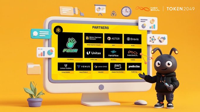 A promotional graphic for 'NEAR FOUL | TOKEN2049' showing a cartoon ant mascot next to a computer screen displaying 'Partners' logos including FOUR, Unitas, Hertzflow, Neosync, United States, Venus, Linea DAO, AWS, and prediction.