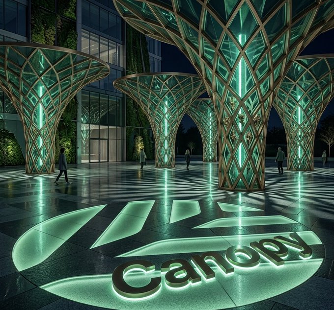A nighttime architectural rendering featuring futuristic, illuminated tree-like structures with green glowing interiors and the 'canopy' logo on the ground.