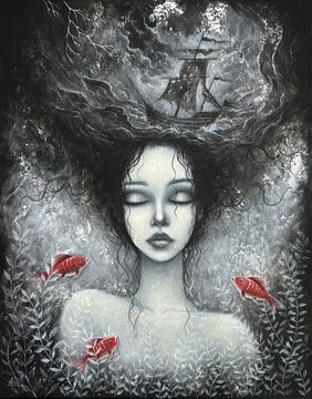 Surreal dark artwork of a pale woman with closed eyes submerged underwater, surrounded by seaweed and red koi fish, with shadowy figures appearing in the swirling water above her.