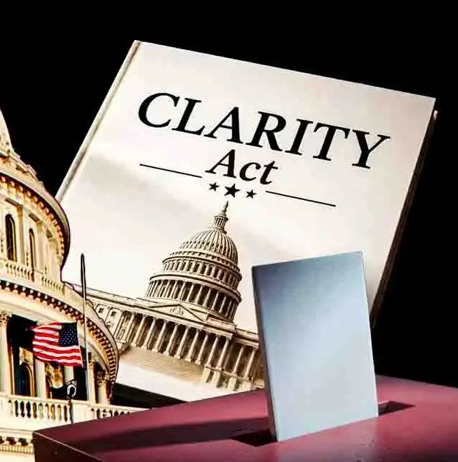 The image shows a document titled "CLARITY Act" displayed prominently in front of the U.S. Capitol building, with an American flag visible on the left side and a ballot being inserted into a ballot box in the foreground—symbolizing the legislation's potential passage before the upcoming elections.