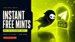 A green promotional graphic with the text 'INSTANT FREE MINTS', 'UP TO 5 EVERY DAY', and 'FIRST TO CLICK • TERM HERE' alongside a paper plane icon.