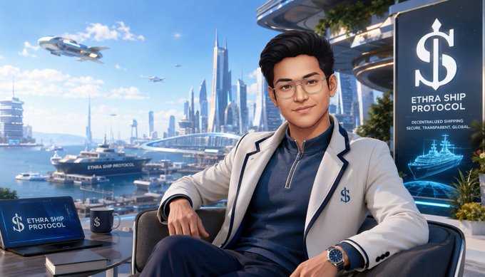 A digital illustration of a young man in a white blazer sitting in a futuristic city setting with 'ETHRA SHIP PROTOCOL' branding on a laptop, mug, and sign behind him.