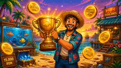 The image shows a cartoon-style illustration of a treasure hunter on a tropical island holding a golden trophy, with text on a coin reading "15,000 WIN" and another showing "1,000" alongside a chest of coins. It captures the gamified, reward-driven theme of the post, visually emphasizing the staking competition's prize pool and the incentive to accumulate points before the $CAST launch and airdrop on July 13–14.