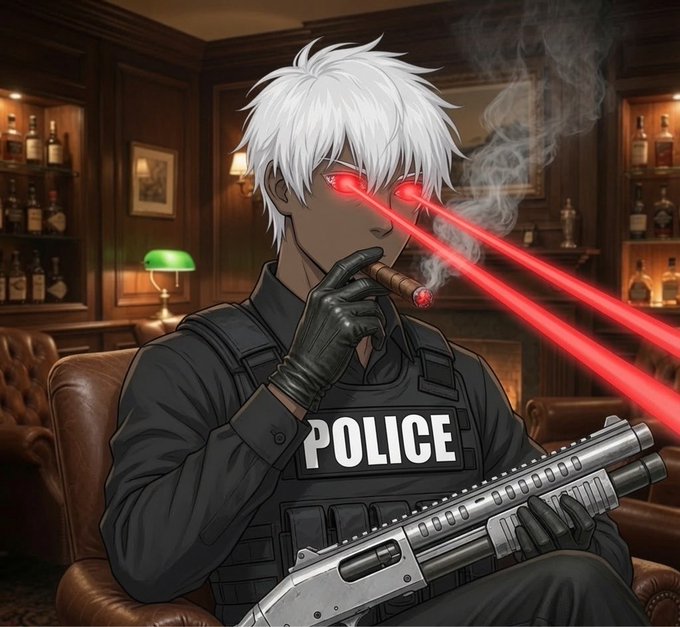 A dark-skinned anime-style character with glowing red eyes and a tactical "POLICE" vest smokes a cigar while wielding a shotgun, projecting red laser beams from his eyes in a smoky lounge. The image embodies the post's message about unwavering determination and resilience, reinforced by the "@PatriotsSolana" branding.