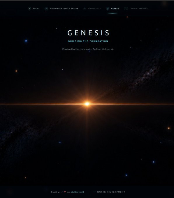 A space-themed website header for 'GENESIS' with navigation tabs (ABOUT, MULTIVERSX SEARCH ENGINE, BATTLEFIELD, GENESIS, TRADING TERMINAL) and the tagline 'BUILDING THE FOUNDATION — Powered by the community. Built on MultiversX.'
