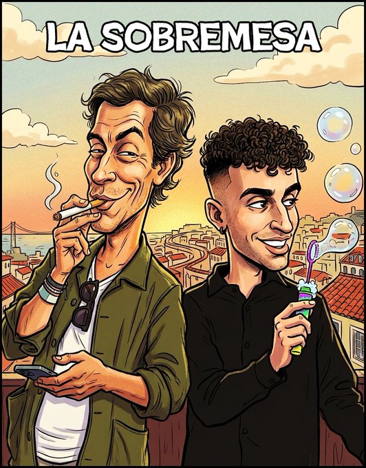 The cartoon-style illustration titled "LA SOBREMESA" depicts two men—one smoking a cigarette and holding a phone, the other blowing bubbles with a wand—set against a sunset cityscape with a bridge, visually representing the post's theme of how personal associations are shaped by past interactions with figures like @ataberk and @merts_eth.