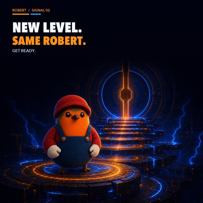A promotional graphic features a knitted bird character wearing overalls and a beanie, standing before a glowing portal; text reads 'ROBERT / SIGNAL 02', 'NEW LEVEL. SAME ROBERT.', and 'GET READY.'