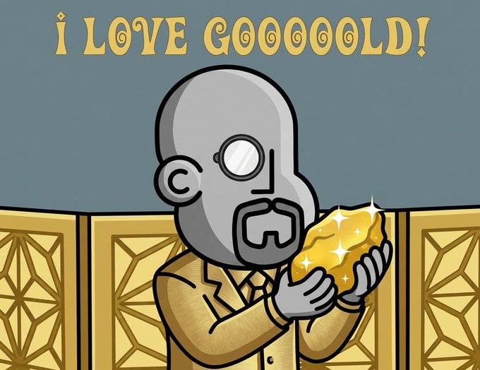 A cartoon illustration of a gray-skinned character in a gold suit holding a sparkling gold nugget, with the text 'I LOVE GOOOOOLD!' displayed at the top in decorative gold lettering.