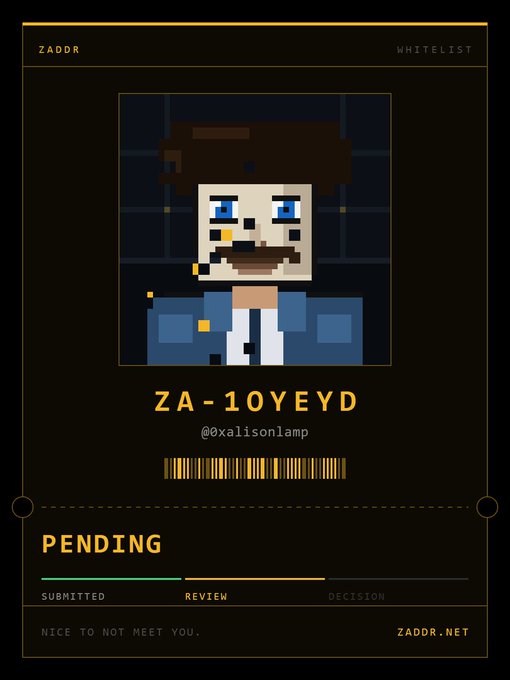 A pixel-art style digital ID card from "ZADOR WHITELIST" with the username "ZA-10YEYD" (@xalisonlamp), a barcode, and a "PENDING" status in the review stage.