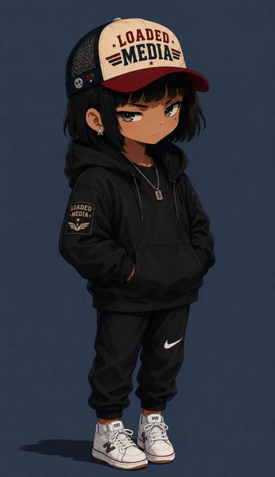 An anime-style illustration of a young girl with dark skin and short black hair wearing a black hoodie, black Nike sweatpants, white sneakers, and a black and white trucker hat reading 'LOADED MEDIA'. The hoodie also features a 'LOADED MEDIA' patch.