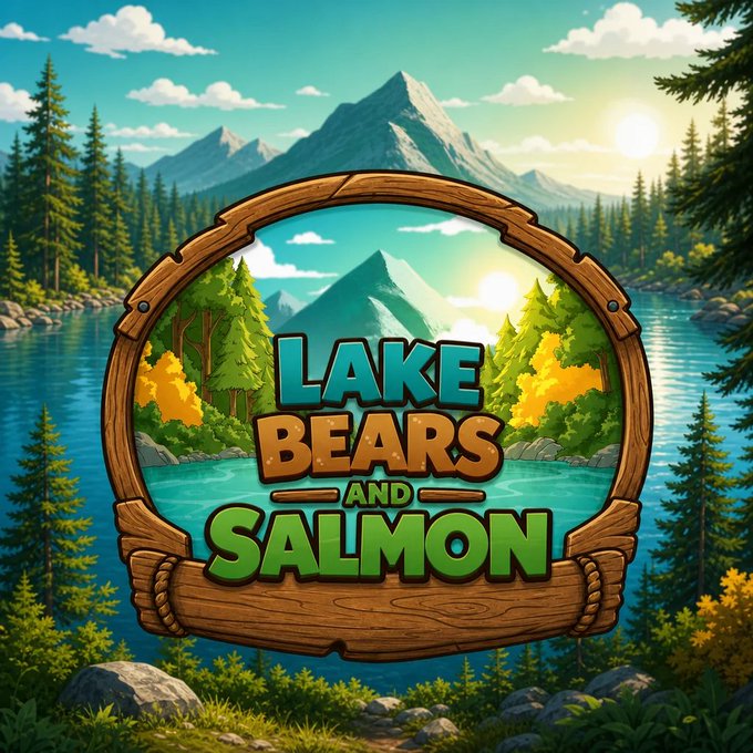 A vibrant cartoon-style logo reads "LAKE BEARS AND SALMON" inside a wooden frame, set against a scenic mountain lake backdrop with pine trees. The wilderness theme ties into the post's teaser about upcoming skins, lures, and weapon upgrades for the gaming community, suggesting a nature or fishing-inspired cosmetic update.