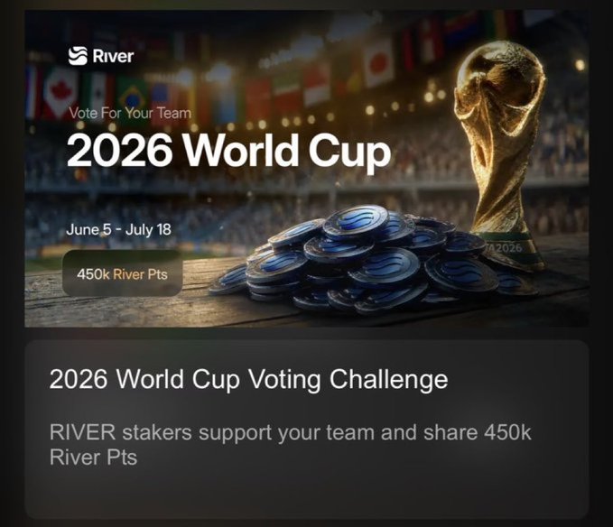 The image features a poster for the World Cup, with a gold trophy displayed at the top center. The poster also includes text about a voting challenge or poll related to the World Cup. It seems that there are two teams participating in this challenge - one team is predicting which of the two teams will advance to the next round based on their predicted points, while the other team is predicting the same thing for the opposite team. The poster encourages people to vote and share their predictions with others.