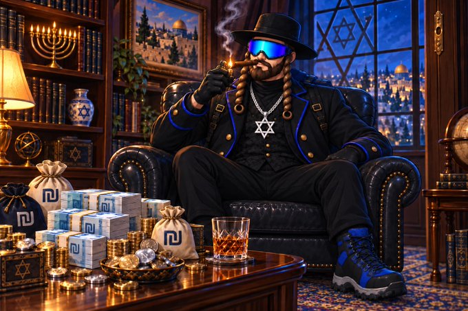 A digital illustration depicts a Jewish man in traditional attire with payot (side curls), wearing modern sunglasses and a black hat, smoking a cigar while seated in a leather armchair surrounded by gold, money bags, and Jewish symbols.