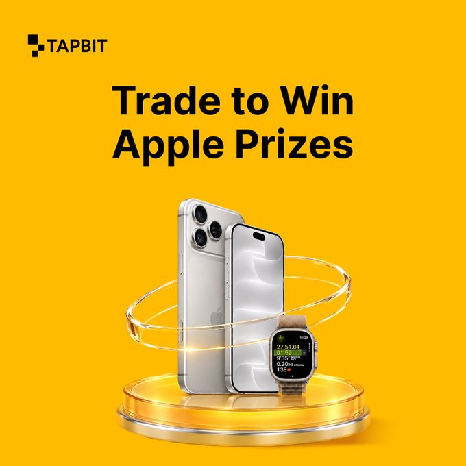 A yellow promotional advertisement for TapBit with the text "Trade to Win Apple Prizes," featuring images of an iPhone, another smartphone, and an Apple Watch displayed on a golden pedestal with swirling light effects.