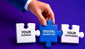 A hand places a puzzle piece labeled "DIGITAL MARKETING" between "YOUR BUSINESS" and "YOUR CUSTOMERS" pieces. The accompanying post appears unrelated, discussing Bitcoin whale accumulation rather than the digital marketing concept shown in the image.