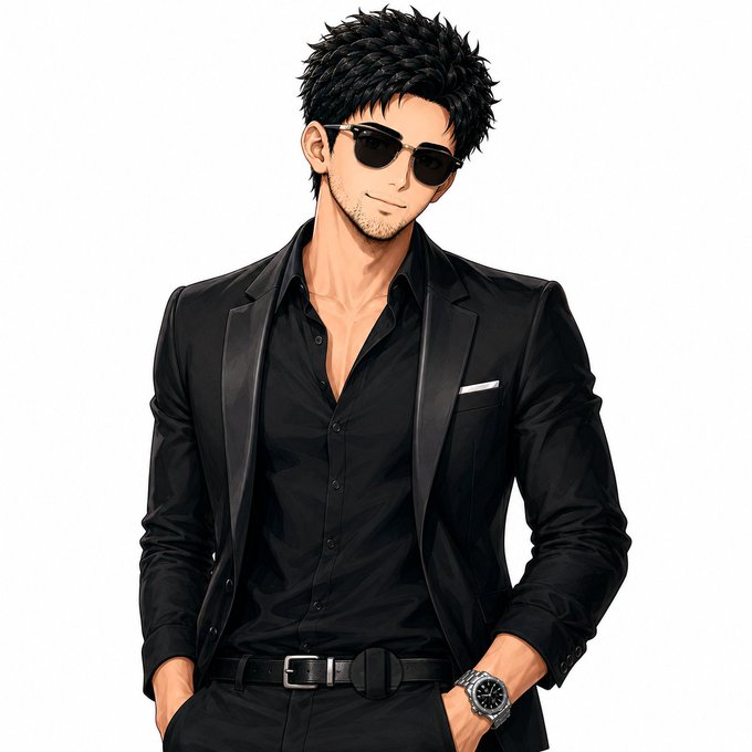 A stylized anime-style illustration of a confident man with spiky black hair, wearing dark sunglasses, a sleek black blazer over an unbuttoned black shirt, and a luxury watch—projecting a cool, bullish "gm" energy that matches the post's optimistic tone about a new week and month opening with a green (bullish) candle.