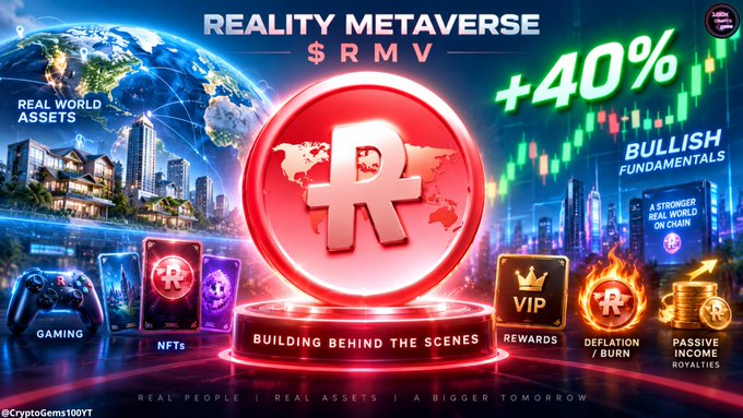 A promotional graphic for "REALITY METaverse $RMV" features a central red logo with an "R" over a world map, surrounded by imagery of real estate, gaming, NFTs, VIP rewards, deflationary token burns, and passive income royalties, with a +40% bullish chart in the background.
