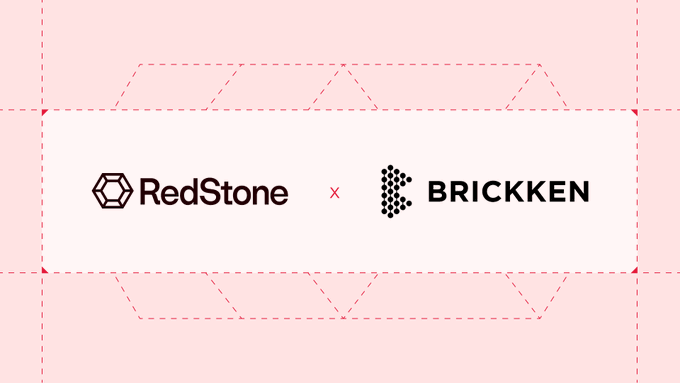 A pink background with red dashed line graphics displaying the logos "RedStone" and "BRICKKEN" separated by an 'x' symbol.