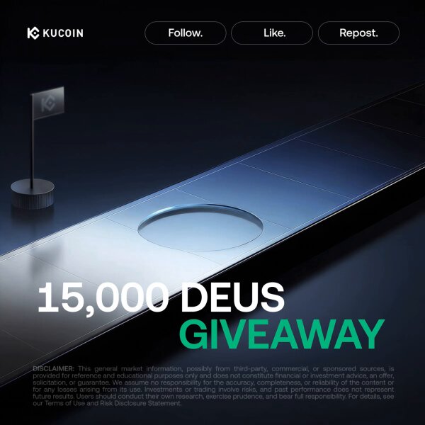 The image features a black background with white text that reads "15,000 Deus Giveaway" at the top of the page. Below this, there are three bullet points providing information about the giveaway. The first point states that the giveaway is for "Deus". The second point explains what the prize is and how to enter the contest. The third point provides a link to the giveaway page on KuCoin.