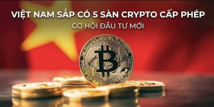 A Vietnamese news graphic with text 'VIỆT NAM SẮP CÓ 5 SÀN CRYPTO CẤP PHÉP - CƠ HỘI Đ�U TƯ MỚI' showing a Bitcoin coin against the Vietnamese flag background.