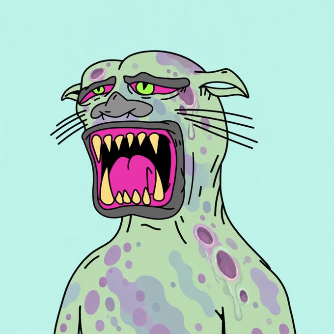 A cartoon illustration of a green, sickly-looking creature with purple spots, bulging eyes, and a wide-open mouth full of sharp teeth, drooling against a light blue background.