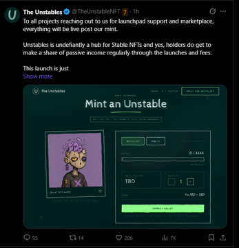 A tweet from The Unstable NFT (@TheUnstableNFT) announces that all their launchpad projects have reached out for support, positioning Unstables as "a hub for Stable NFTs" where holders get passive income from launch fees, accompanied by a screenshot of a "Mint an Unstable" page showing mint controls and pricing. The accompanying post warns the project is a scam with red flags like fake engagement, suggesting the tweet's polished presentation and promises of passive income through launch fees are misleading marketing tactics to lure in unsuspecting minters.