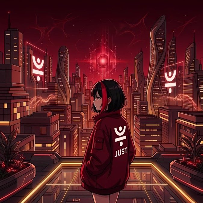 Anime-style illustration of a girl with red-streaked black hair wearing a red jacket with the text 'JUST', overlooking a futuristic red-tinted cyberpunk cityscape with a glowing red orb in the sky.