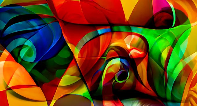 An abstract digital artwork featuring swirling, colorful patterns in vibrant red, green, blue, yellow, and orange.