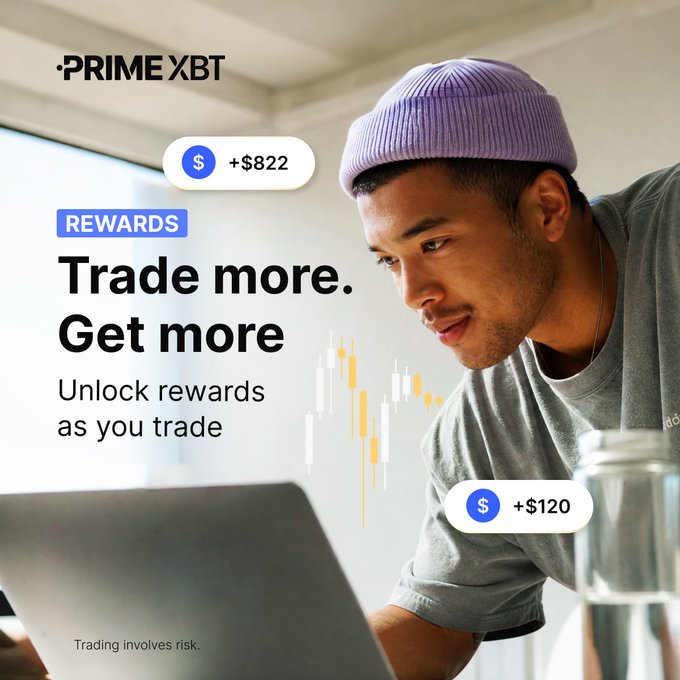 An advertisement for PrimeXBT featuring the text 'Trade more. Get more' and 'Unlock rewards as you trade,' showing a person using a laptop with floating reward badges.