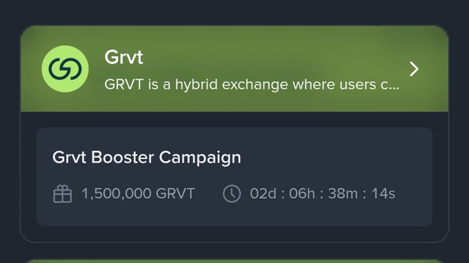 A mobile app screen showing 'Grvt' described as a hybrid exchange, with a 'Grvt Booster Campaign' offering 1,500,000 GRVT and a countdown timer at 02d:06h:38m:14s.