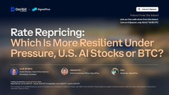 A 'Rate Repricing' banner asks 'Which Is More Resilient Under Pressure, U.S. AI Stocks or BTC?' on a dark blue background.