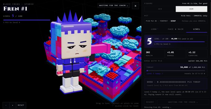 Screenshot of a 'BLOCK21 GAMES - STUDIO' interface showing a voxel-style 'FREN #1' NFT character at Level 5/100, with a 'PLSK Pets' display, health and damage stats, and a 'WAITING FOR THE CHAIN...' message.