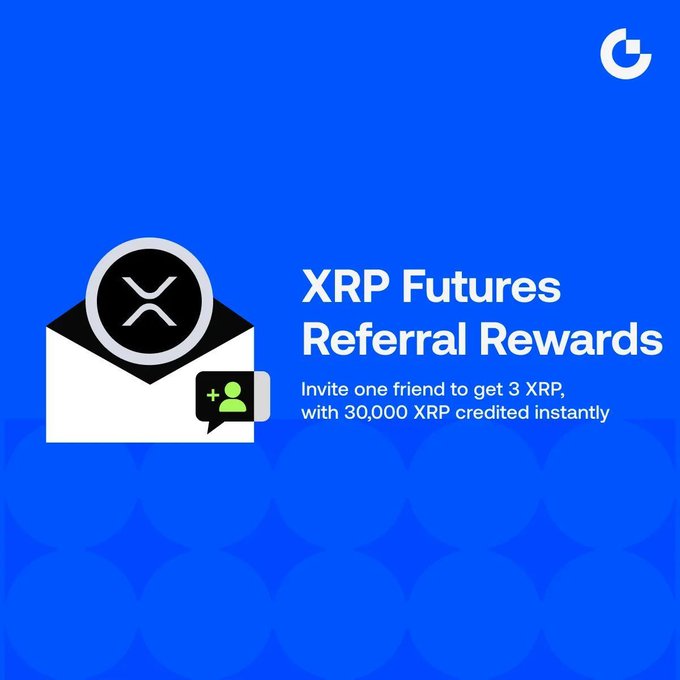 A blue promotional graphic for XRP Futures Referral Rewards featuring an envelope icon with the XRP logo and a "+" contact symbol, alongside text stating "Invite one friend to get 3 XRP, with 30,000 XRP credited instantly," matching the post's announcement about the referral program distributing 3 XRP per referral with up to 30,000 XRP credited instantly.