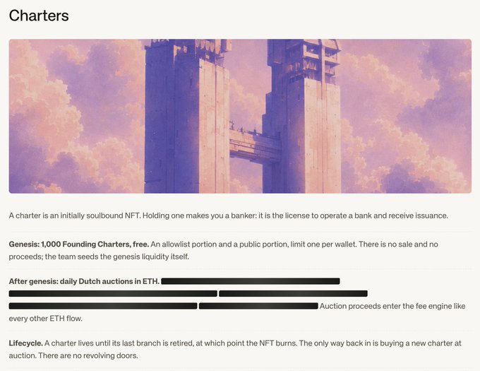 An image of "Charters" featuring an anime-style illustration of twin towers reaching into pastel pink and purple clouds, describing 1,000 founding NFTs that grant banking licenses through soulbound genesis mints and subsequent daily Dutch auctions in ETH, with auction proceeds feeding into a fee engine until each charter burns upon retirement of its last branch.