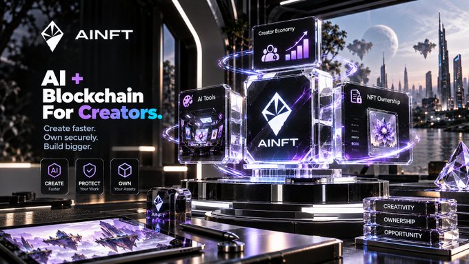 Promotional graphic for AINFT featuring the text 'AI + Blockchain For Creators. Create faster. Own securely. Build bigger.' with 3D rendered cubes showcasing Creator Economy, AI Tools, and NFT Ownership features.