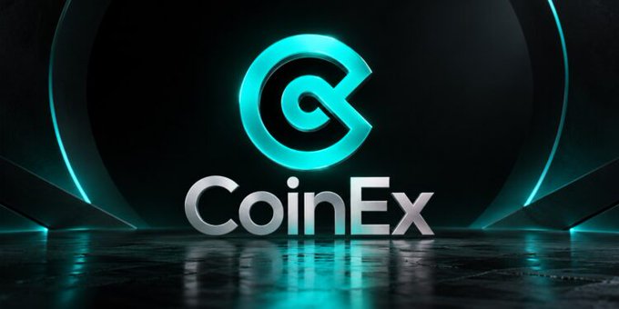 A stylized promotional graphic for 'CoinEx' featuring a glowing teal logo against a dark background with a reflective floor.
