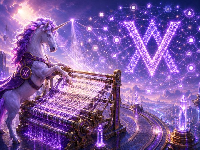 A majestic purple-maned unicorn operates an ornate loom weaving glowing digital threads that form a network of interconnected nodes and the "V" symbol of Virtuals (@VU_virtuals), visually symbolizing how onchain intelligence is woven together from countless wallet histories and liquidity movements to create a new fabric of market insight beyond traditional indicators.
