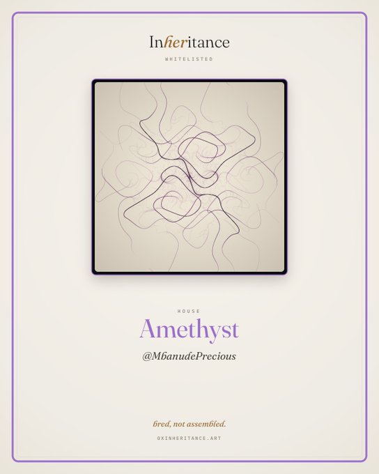 A minimalist design card for 'Inheritance' featuring abstract wavy line art, identified as 'HOUSE Amethyst' by @MbanudePrecious, with the tagline 'bred, not assembled' and website 0XINHERITANCE.ART.