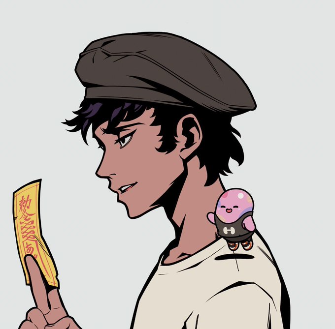 A young man wearing a gray newsboy cap holds a yellow paper charm with red text, while a small pink and black "Azuki" bean character perches on his shoulder, matching the post's reference to the Azuki NFT collection.