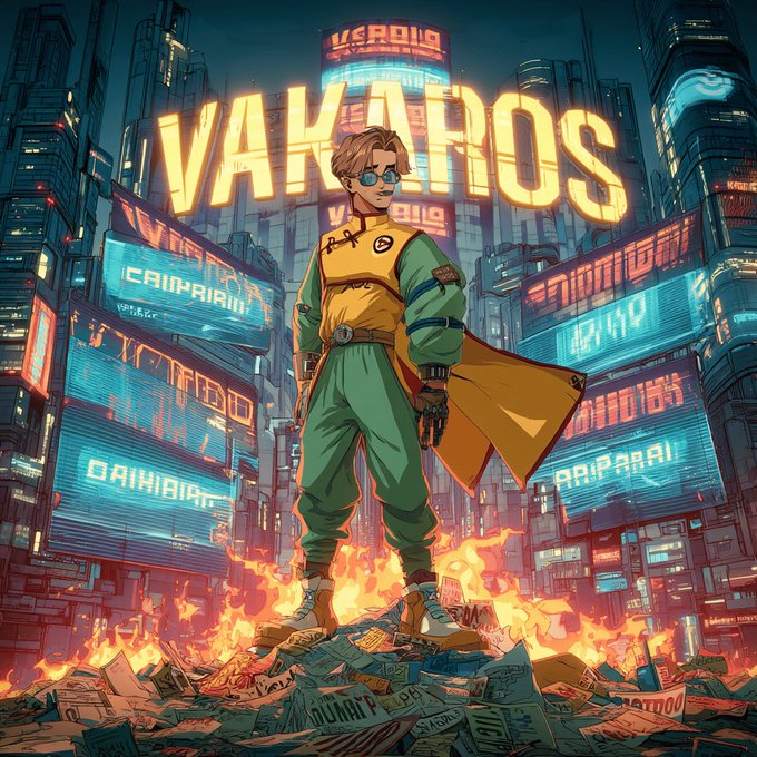 The image features an illustration of a man dressed in a yellow and green outfit, standing in front of a burning building with flames surrounding him. The man appears to be wearing sunglasses and holding a book or a piece of paper. The background shows a cityscape filled with neon signs and buildings on fire. The post that accompanies the image is titled "When the timeline turns red, speculation slows down. Infrastructure doesn't. That's why @useTria keeps standing out to me. They're building a self custodial neofinance app that makes onchain money feel usable beyond crypto native circles".