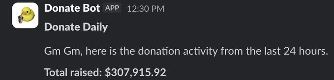 A Discord message from the Donate Bot app reporting 'Donate Daily' activity with a total raised amount of $307,915.92.