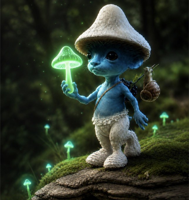 A blue-skinned fantasy creature with a large mushroom cap for a head stands on a mossy log in a forest, holding a glowing green mushroom and carrying a snail on its back.