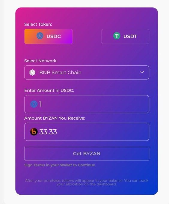 A user interface for swapping cryptocurrency, allowing the selection of USDC or USDT tokens on the BNB Smart Chain network, where entering 1 USDC yields 33.33 BYZAN.