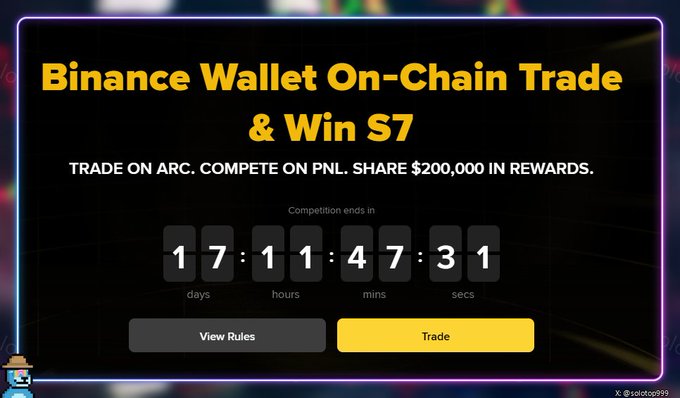A Binance promotional banner for 'Binance Wallet On-Chain Trade & Win S7' offering $200,000 in rewards, with a countdown timer showing 17 days, 11 hours, 47 minutes, 31 seconds.