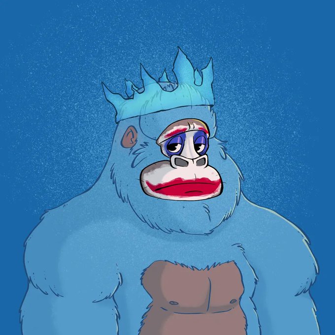 A cartoon illustration of a sad blue gorilla wearing a crown with a clown-like painted face against a solid blue background.