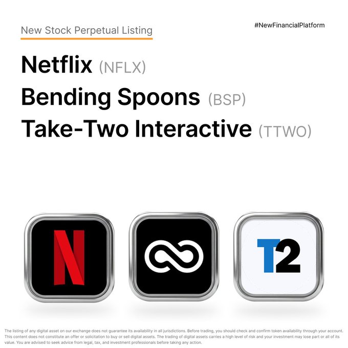 A promotional graphic for a New Stock Perpetual Listing on a financial platform features Netflix (NFLX), Bending Spoons (BSP), and Take-Two Interactive (TTWO) with their respective app icons, tagged #NewFinancialPlatform.