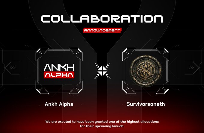 A collaboration announcement image featuring Ankh Alpha and Survivorsoneth, with bold "COLLABORATION ANNOUNCEMENT" text at the top and the message "We are excited to have been granted one of the highest allocations for their upcoming lauch." at the bottom, visually representing a partnership tied to the SURVIVORS Ethereum NFT collection built around the Ashborn agent.