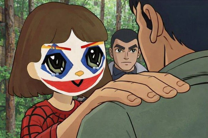 An animated illustration showing a young girl wearing a creepy clown-like mask with large eyes and a wide smile, holding the shoulders of an adult figure while another character watches from behind.