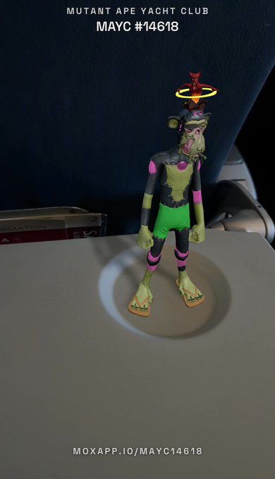 A 3D render of a Mutant Ape Yacht Club NFT (#14618) shows a green-furred ape in green shorts and flip-flops, with text 'MUTANT APE YACHT CLUB MAYC #14618' at top and 'MOXAPP.IO/MAYC14618' at bottom.